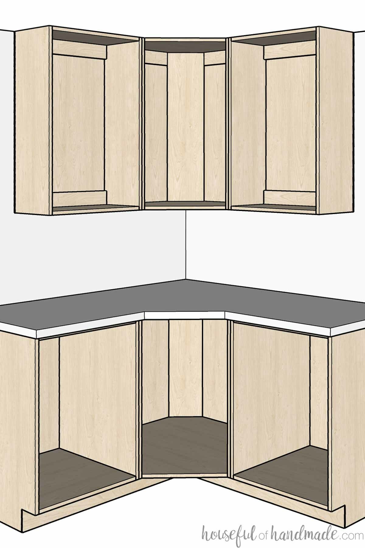 3D sketch of a corner with diagonal wall cabinets and base cabinets. 