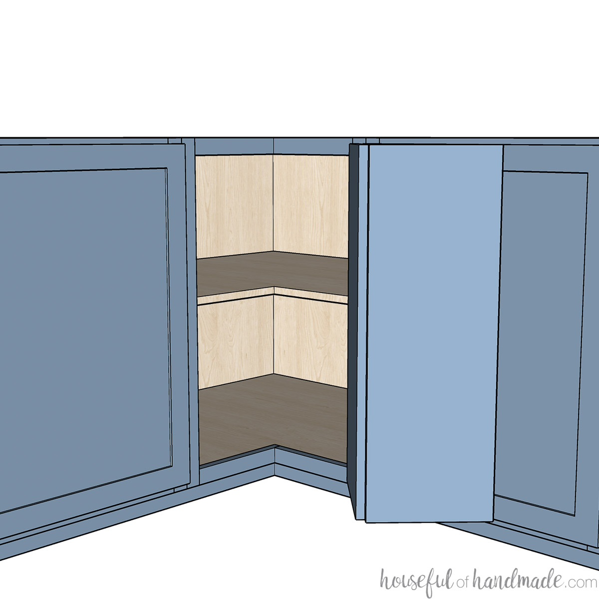 3D sketch of a corner cabinet with a bi-fold door open showing the inside. 