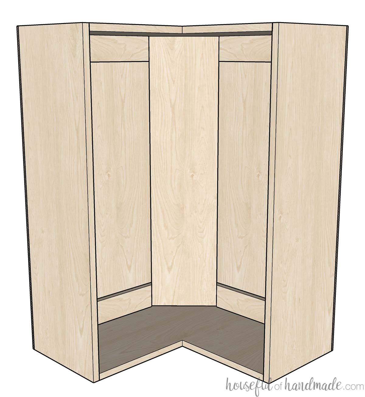 3D Sketch of a frameless bi-fold corner cabinet carcass. 