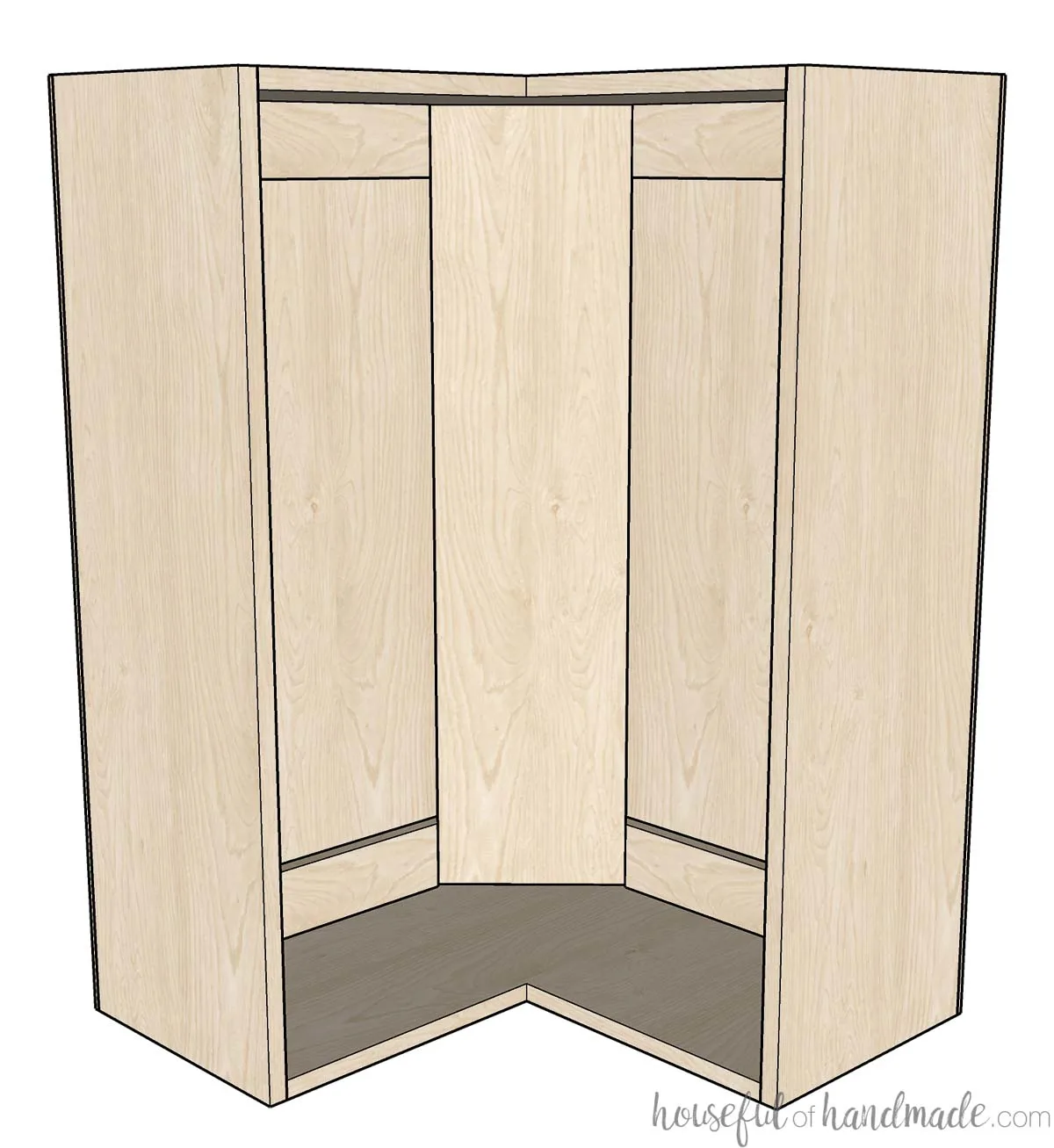 3D Sketch of a frameless bi-fold corner cabinet carcass. 