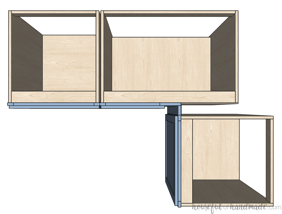 Top down sketch of a blind corner base cabinet. 