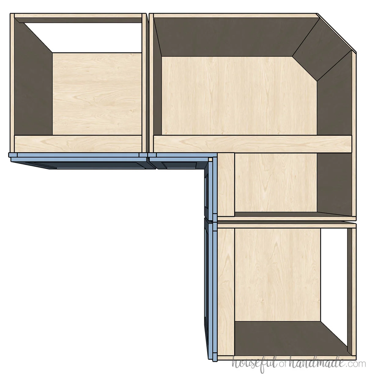 Top down view of a bi-fold corner cabinet.