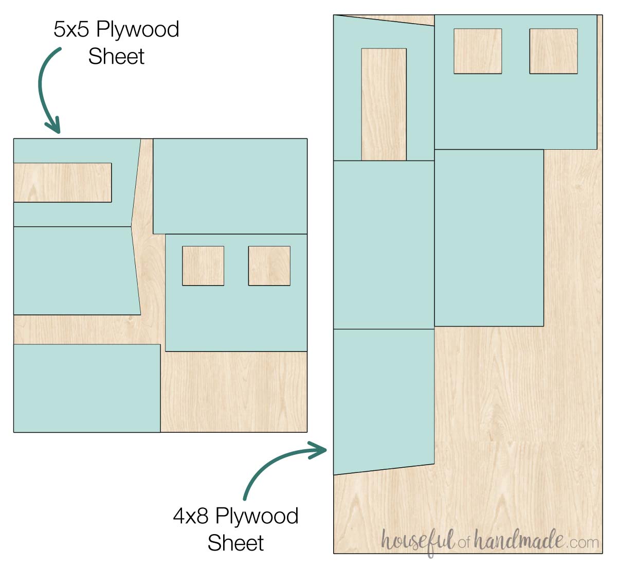 Plywood cut diagrams for 5x5 and 4x8 sheets. 
