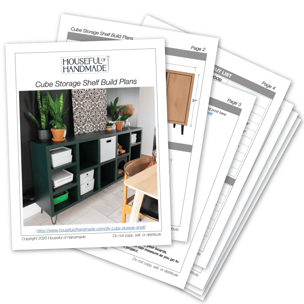 PDF plans for a modern cube bookcase storage console.