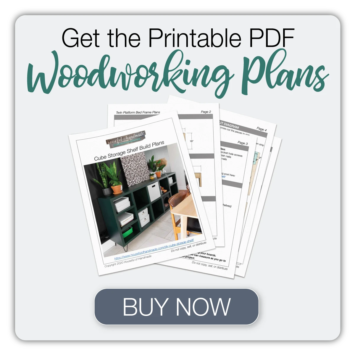 Button to buy the printable PDF woodworking plans for the cube storage shelf build.