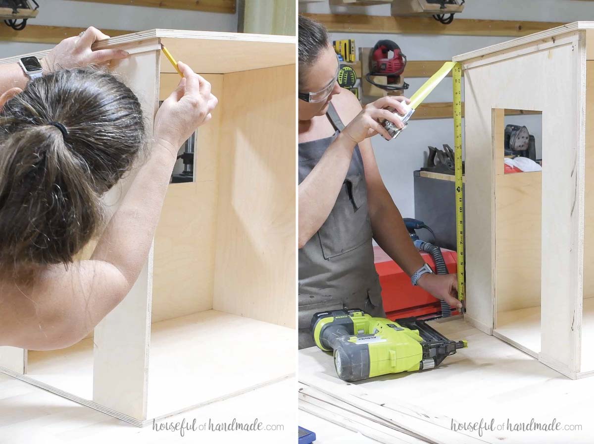 Measuring and marking the angle for the trim on the dollhouse.