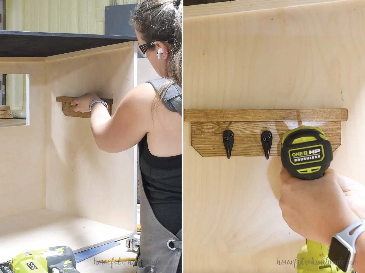Adding a shelf with hooks to the inside of the dollhouse stable. 