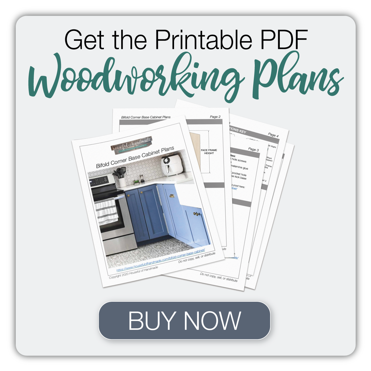 Button to buy the printable PDF woodworking plans for building custom bifold corner base cabinets..