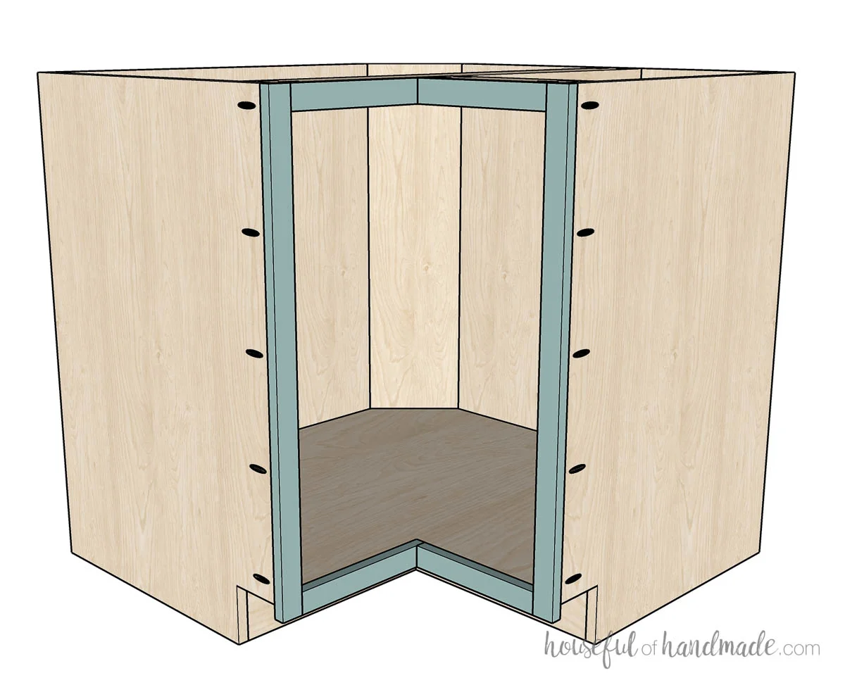 3D sketch of the final bifold corner cabinet box with face frame. 