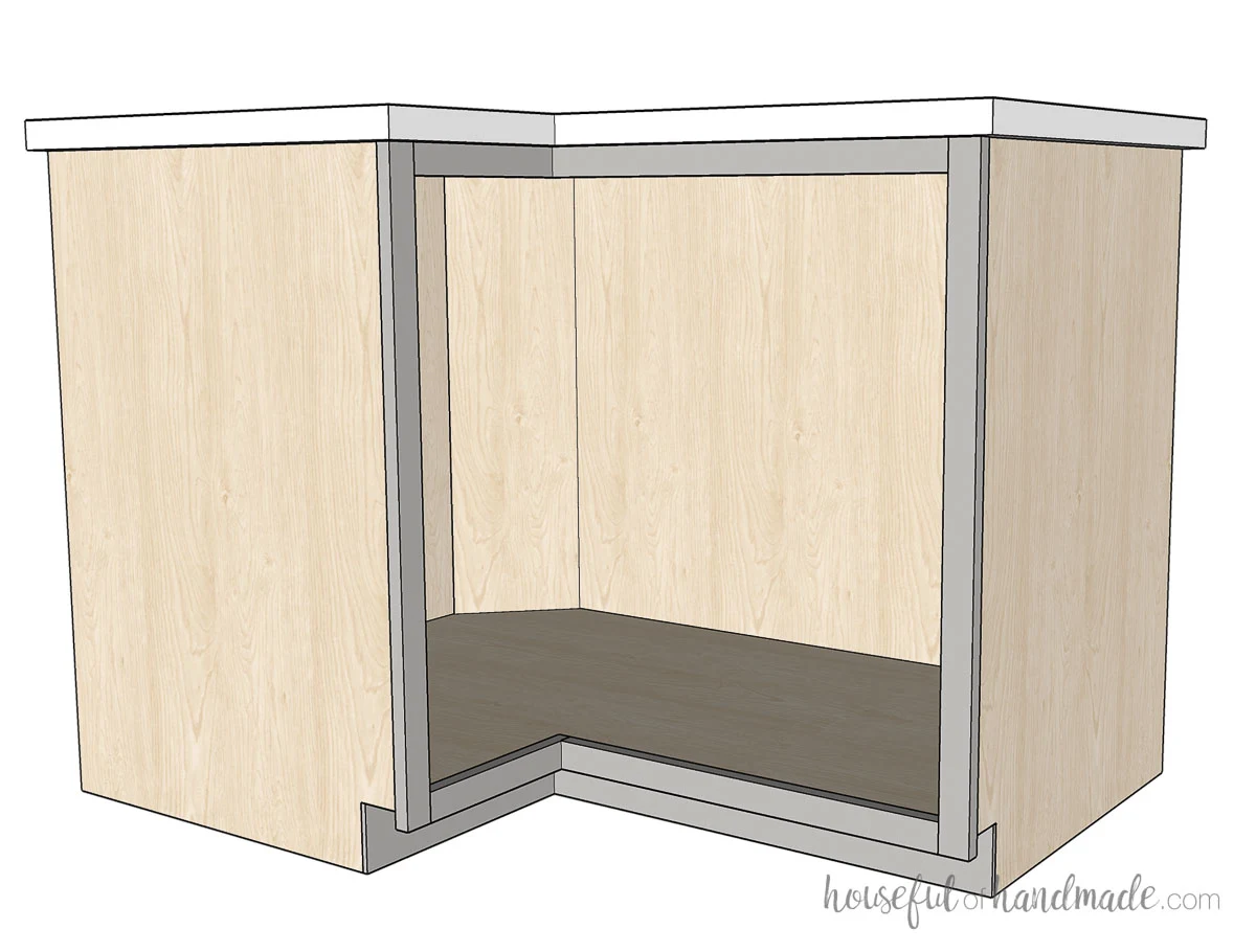 Non square corner cabinet with one side longer than the other. 