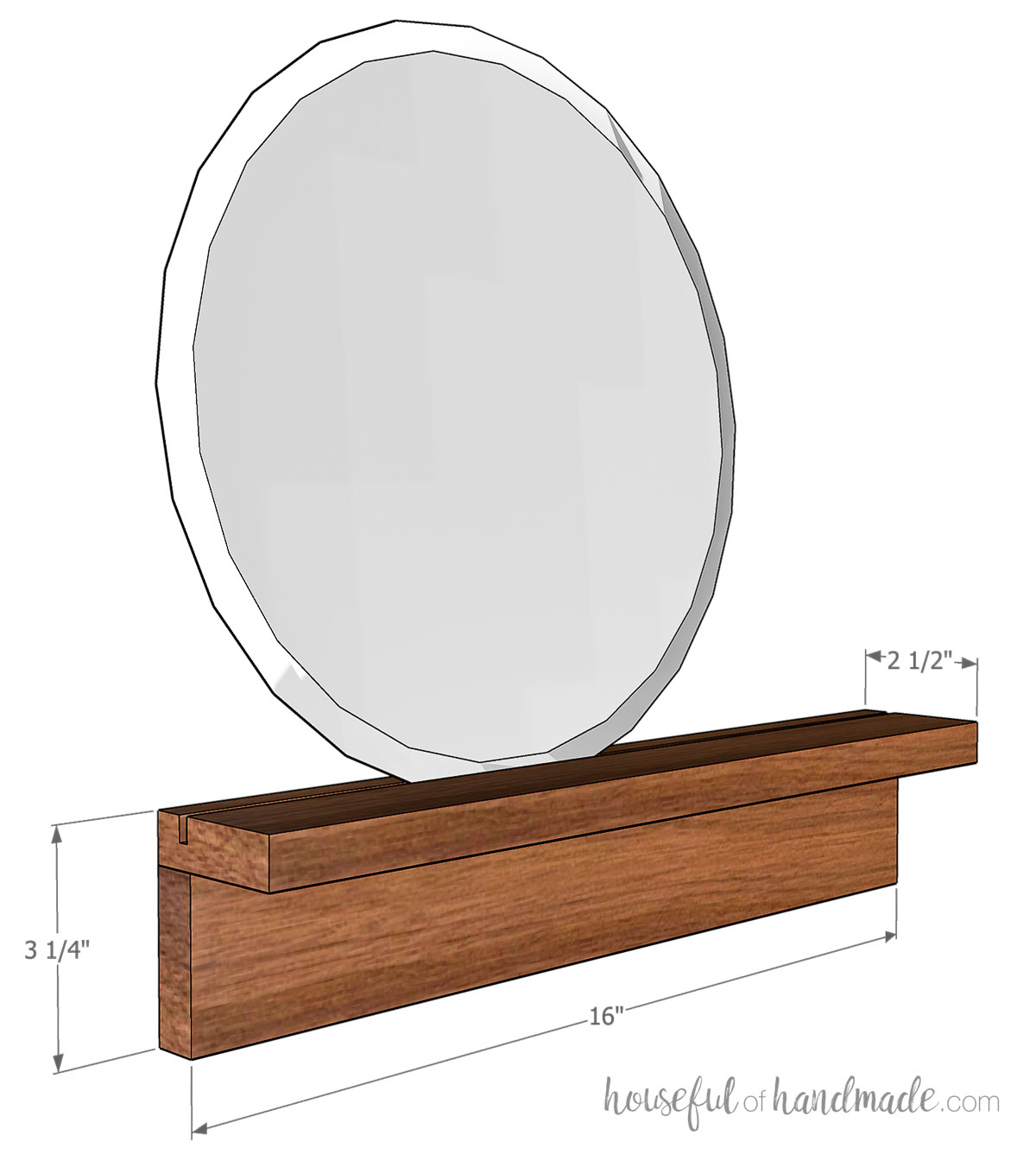 3D rendering of the wall shelf with dimensions noted. 