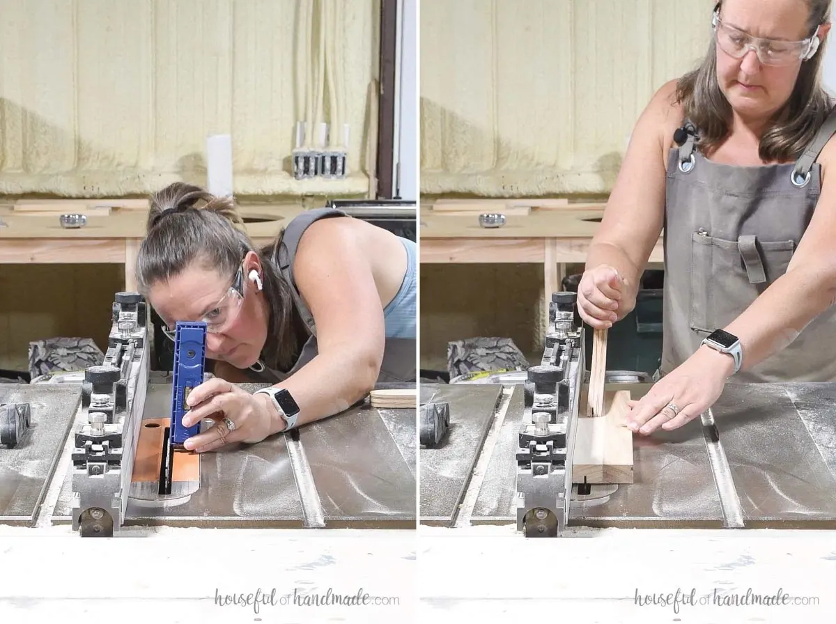 Setting a table saw blade to 3/8" deep and cutting a groove in a board. 