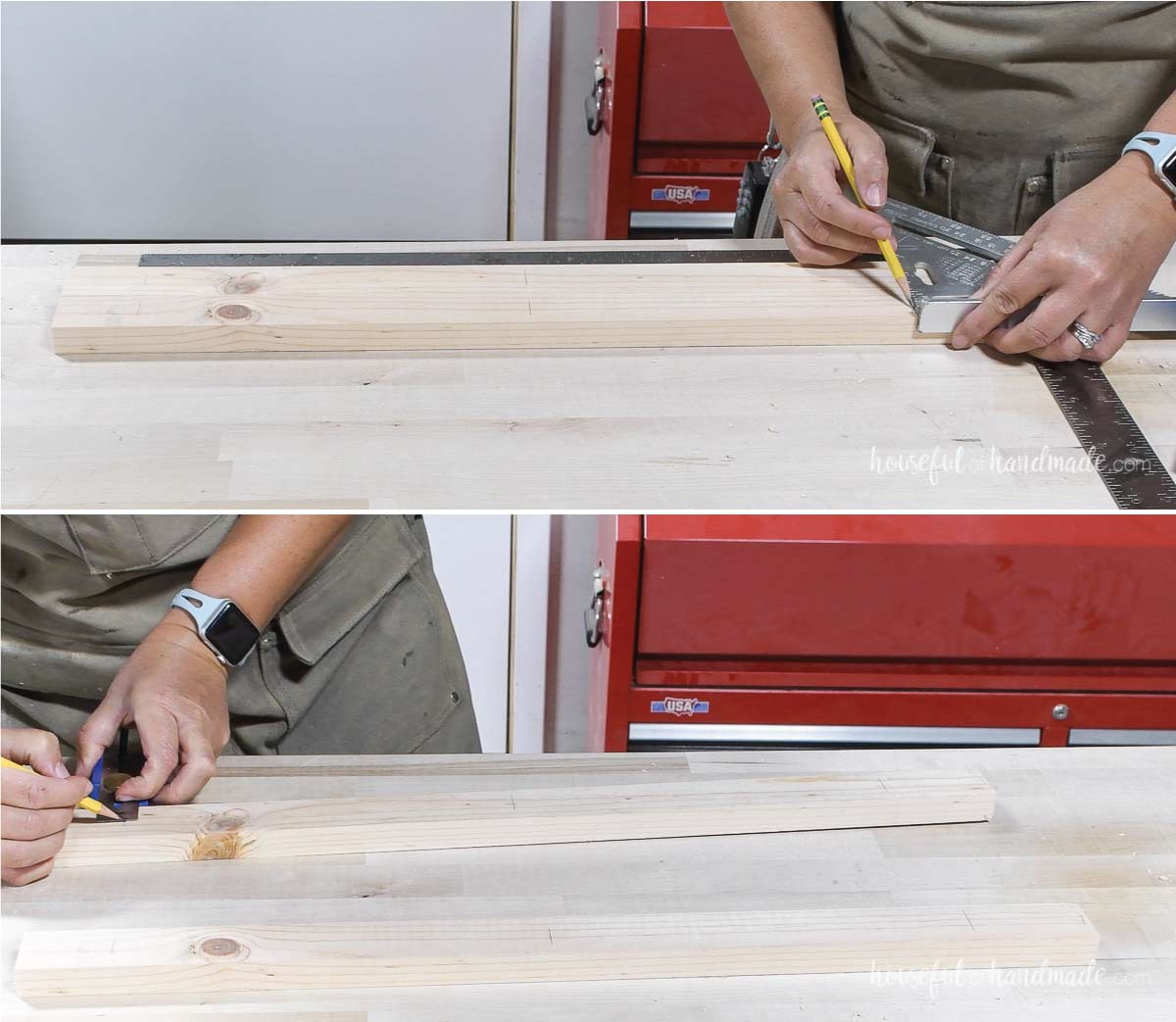 Marking the location of the shelf pin holes on the side pieces. 