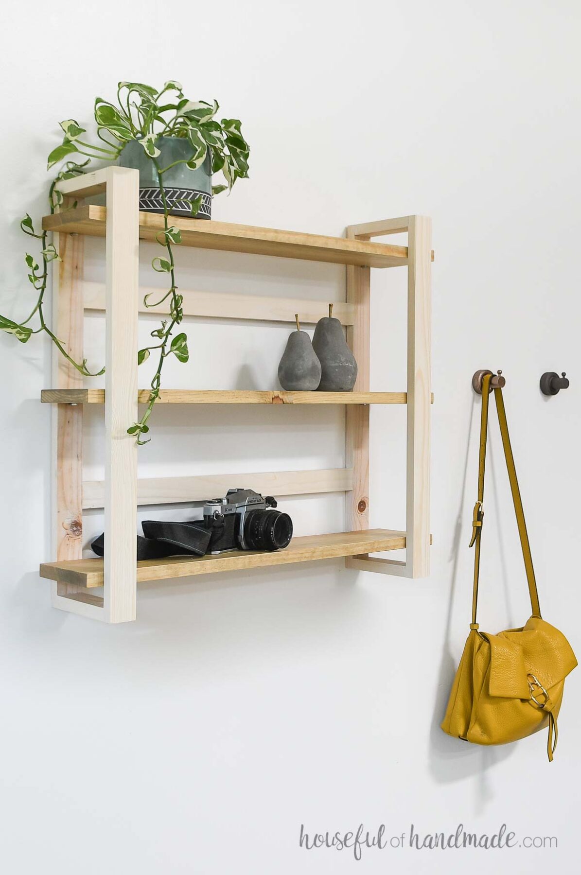 Modern wall mounted shelves with a plant and decor on them next to hooks with a purse on it. 