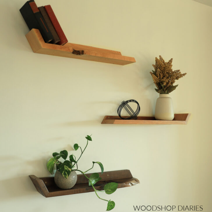 Floating shelves from scrap wood from Woodshop Diaries.