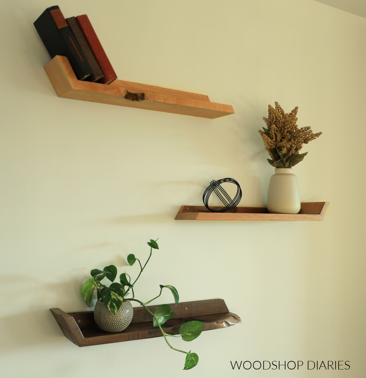 Floating shelves from scrap wood from Woodshop Diaries.