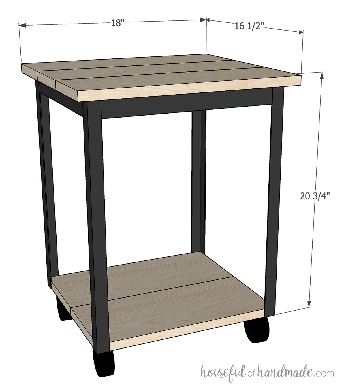 3D drawing of the small side table with dimensions noted. 