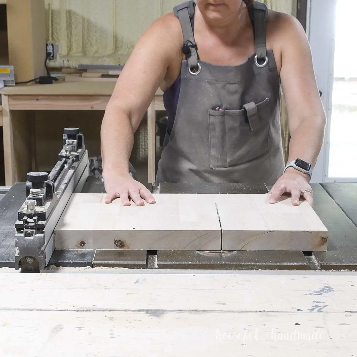 Cutting pieces of butcher block on a table saw. 