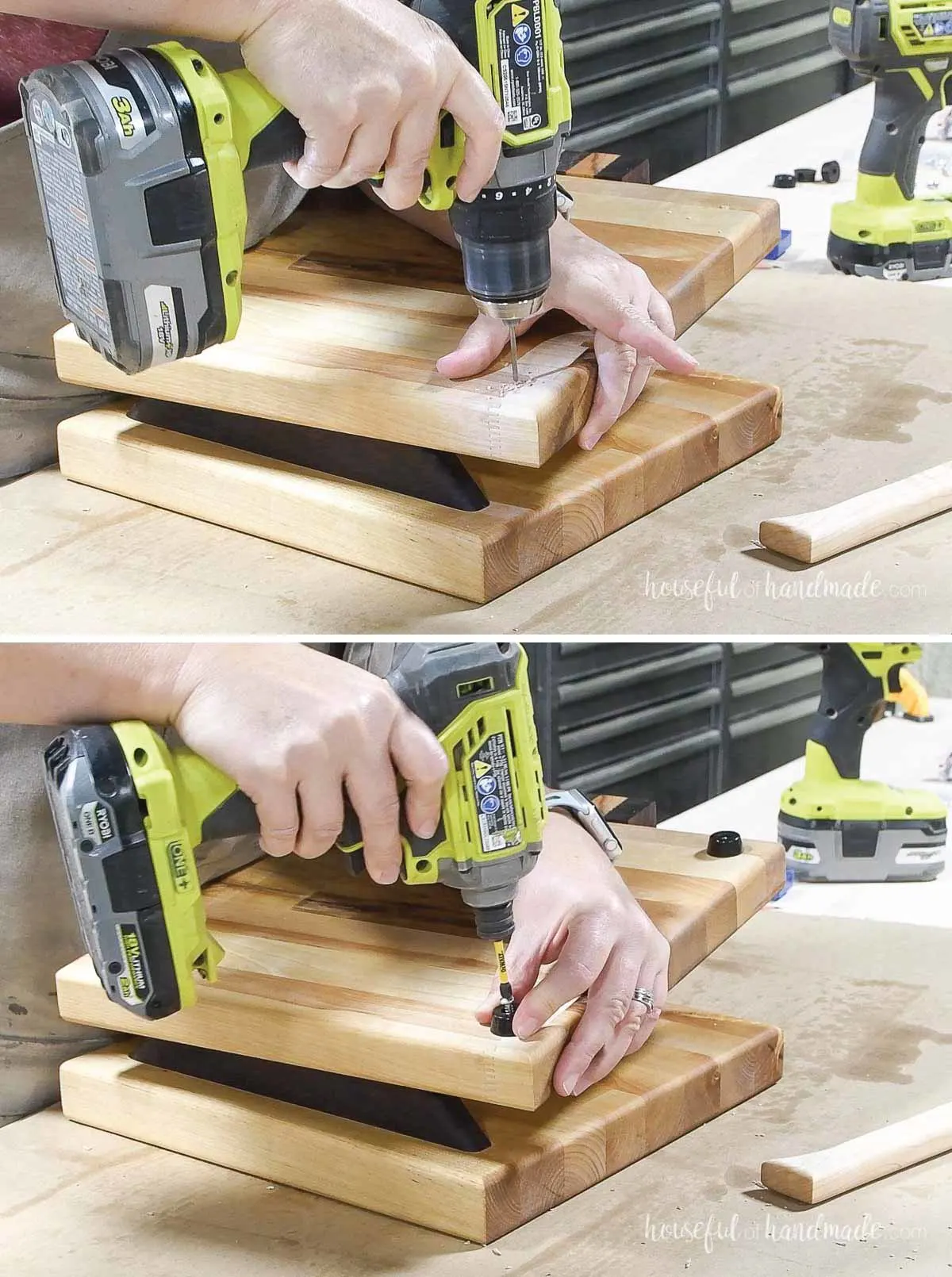 Attaching cutting board feet to the bottom of the wood tortilla press. 