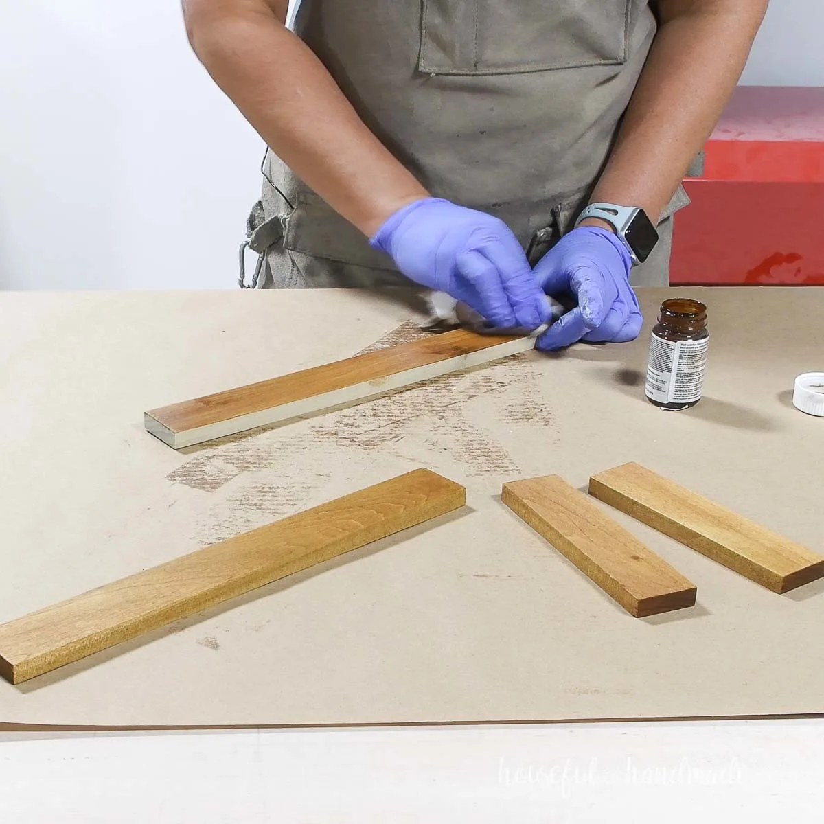 Staining and sealing the tray pieces. 