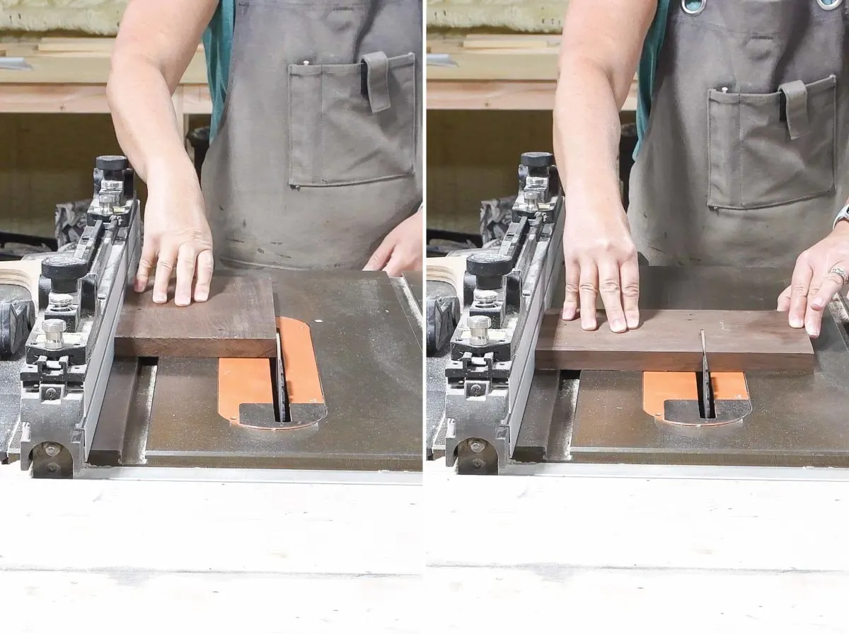 Cutting a piece of walnut into a square on a table saw.