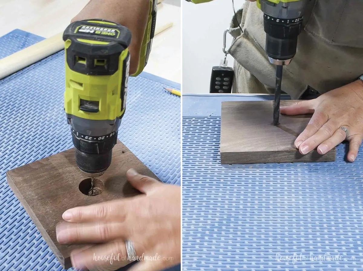 Predrilling holes for the wood screw in the base of the paper towel holder. 