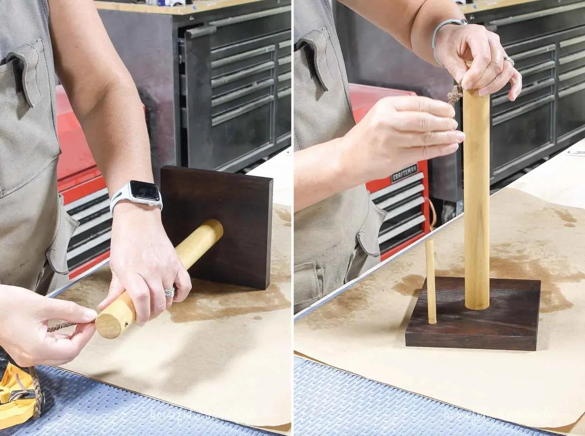 Creating a loop on the top of the paper towel with the braided cord. 