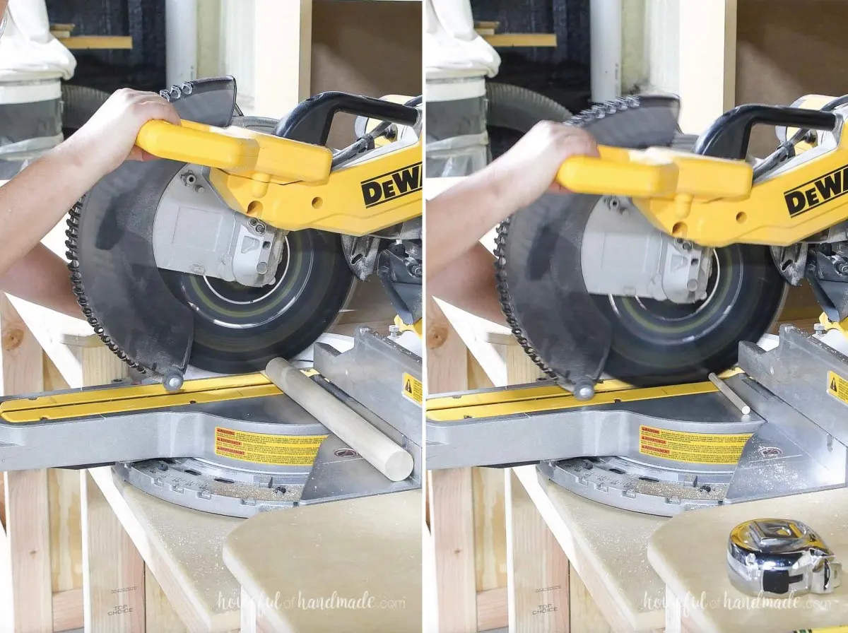 Cutting dowels on a miter saw.