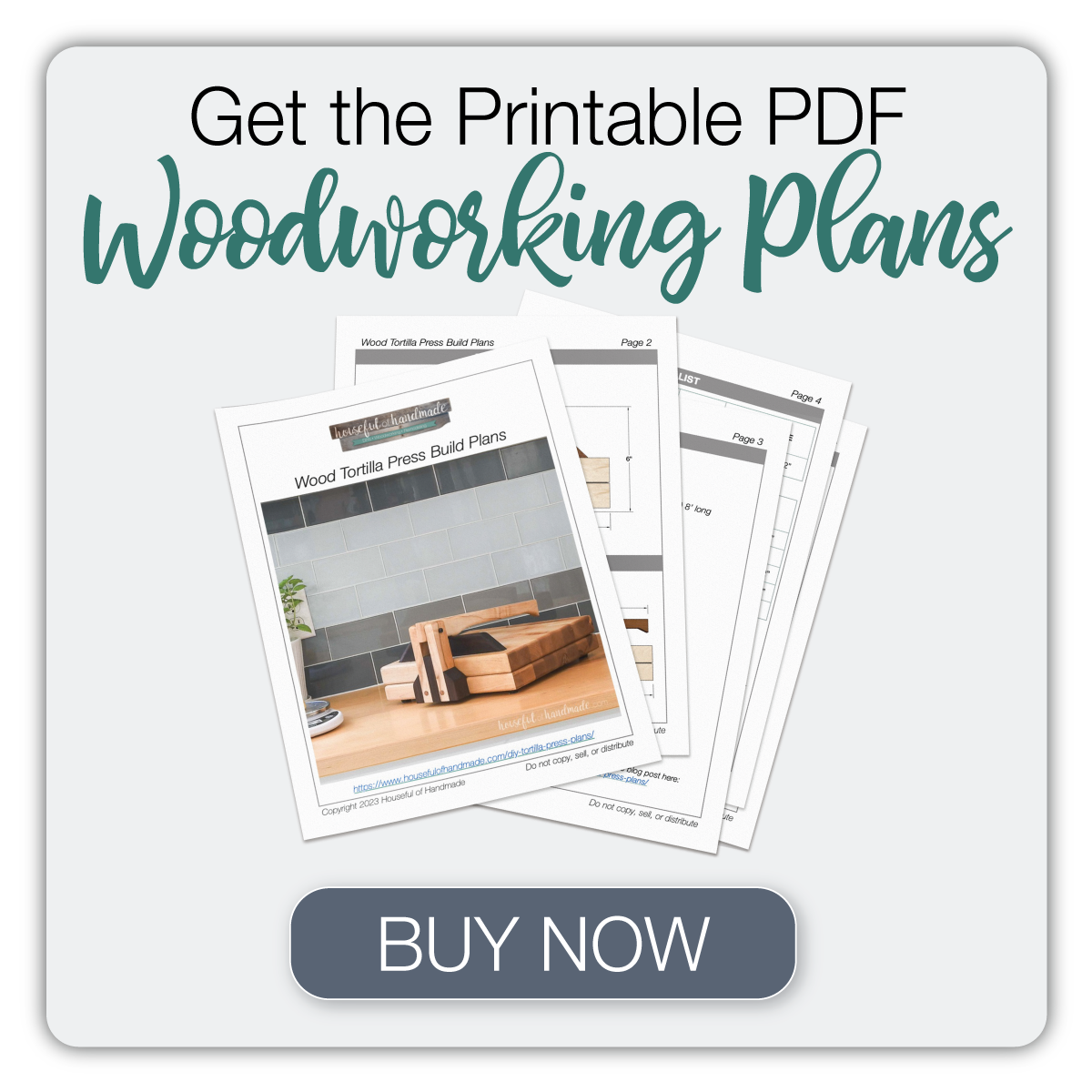 Button to buy PDF build plans for the wood tortilla press. 