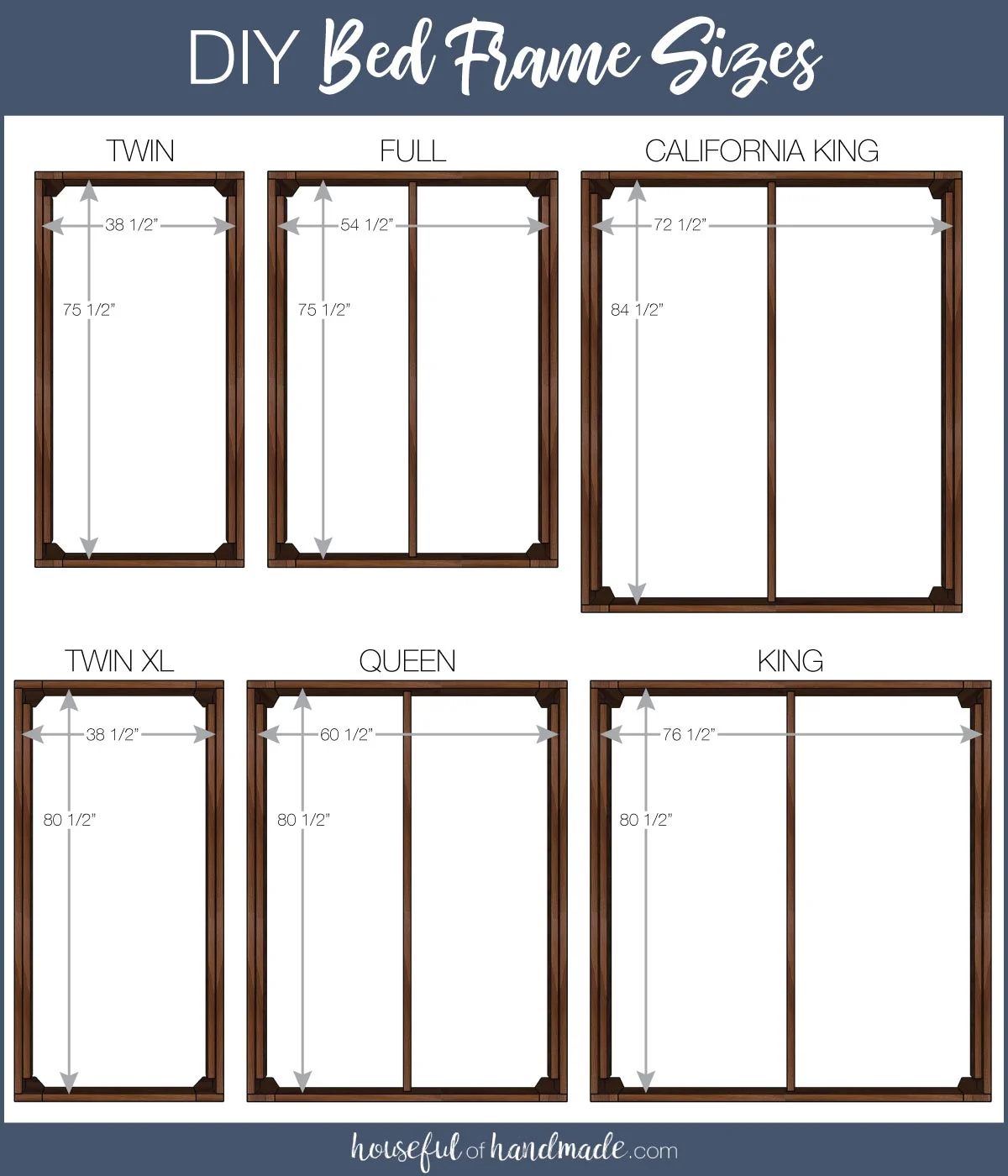 Top down view of twin, twin XL, full, queen, king and California king bed frames with measurements noted. 