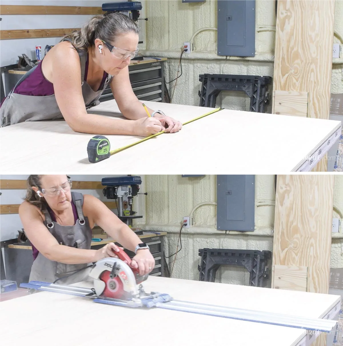 Measuring and cross-cutting a full sheet of plywood with a circular saw.