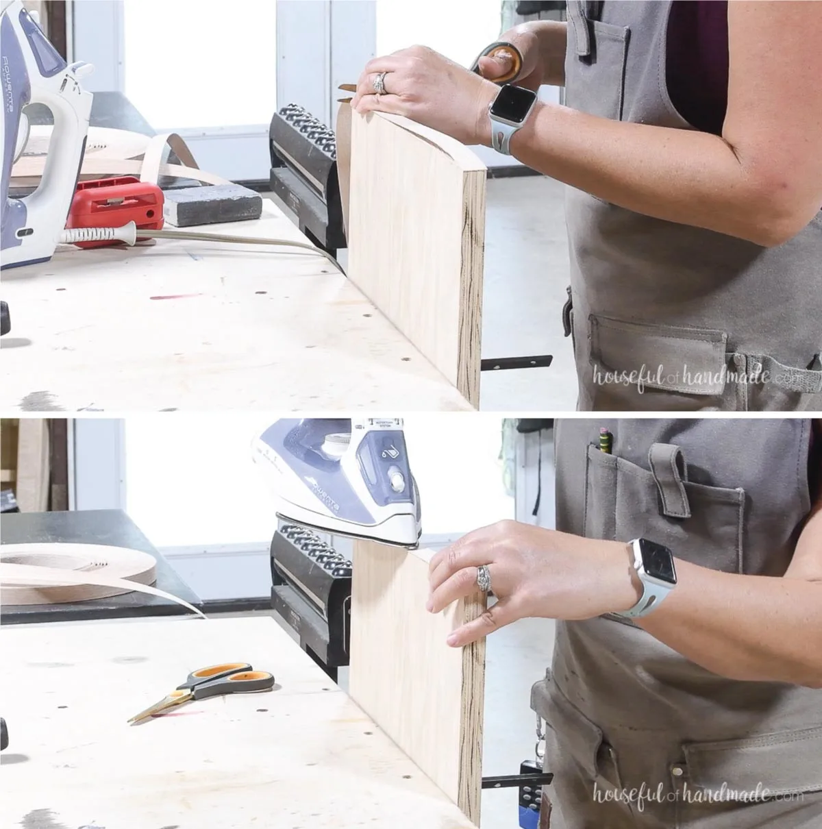 Ironing edge banding onto the side of the plywood doors. 