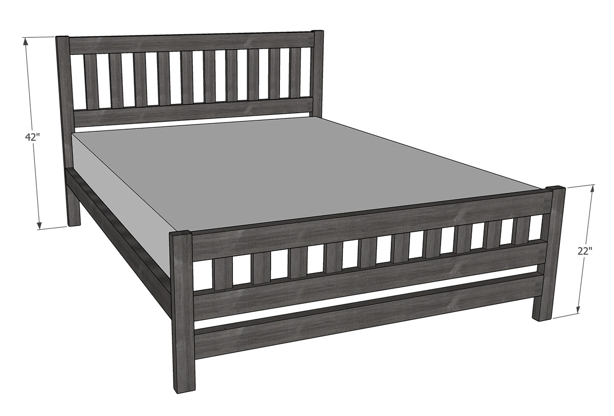 3D sketch of the mission style platform bed with dimensions noted.