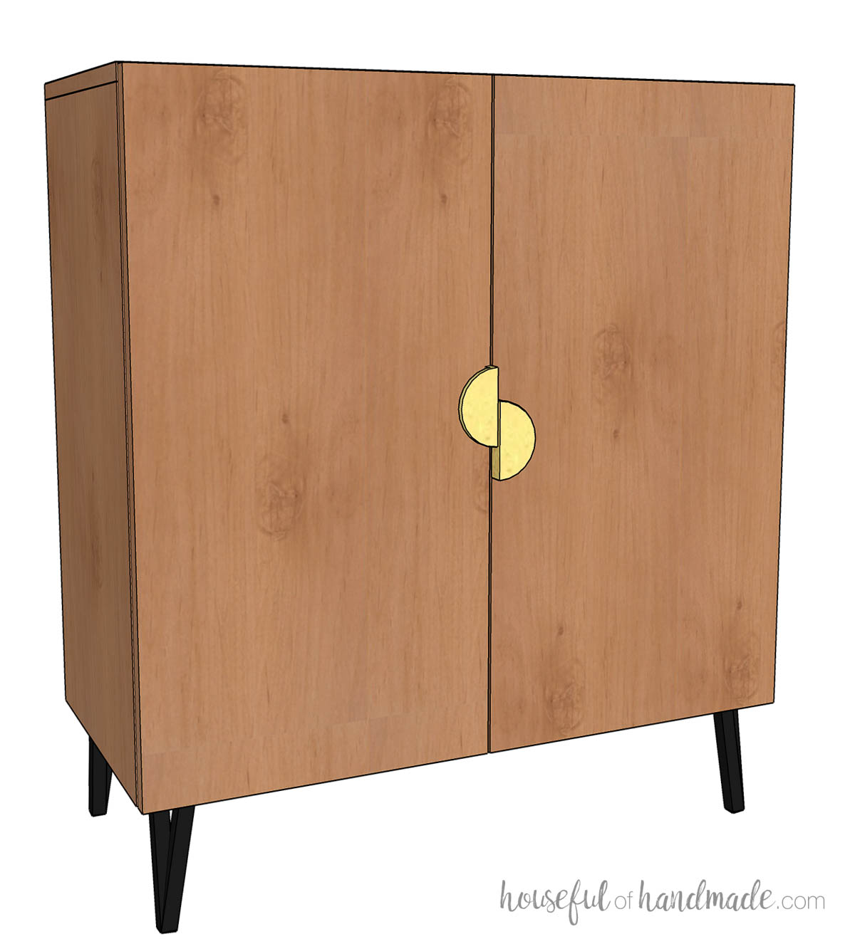 Slab cabinet doors on a furniture cabinet with legs and gold half moon pulls. 