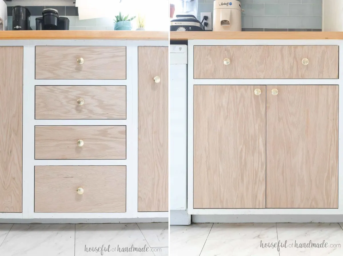 Plywood slab kitchen doors installed with different door grain patterns to show examples. 