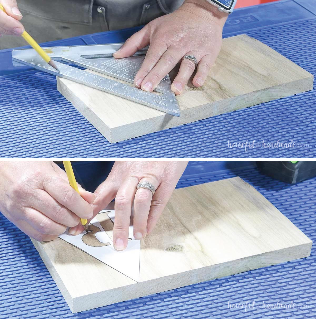 Drawing a triangle on a piece of wood and tracing a stencil letter on it.
