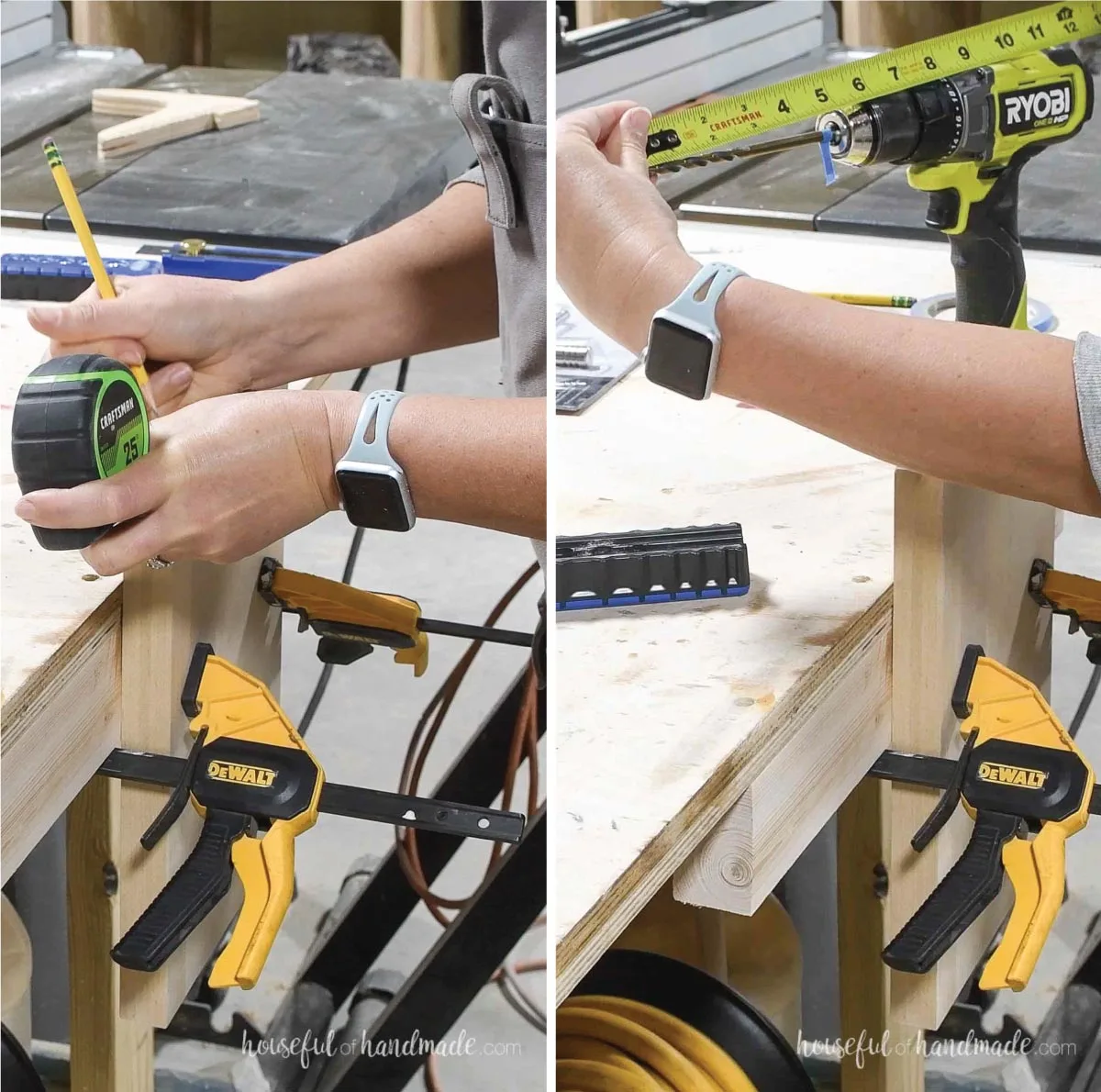 Marking hole placement on the edge of a piece of butcher block clamped to the side of a work table.