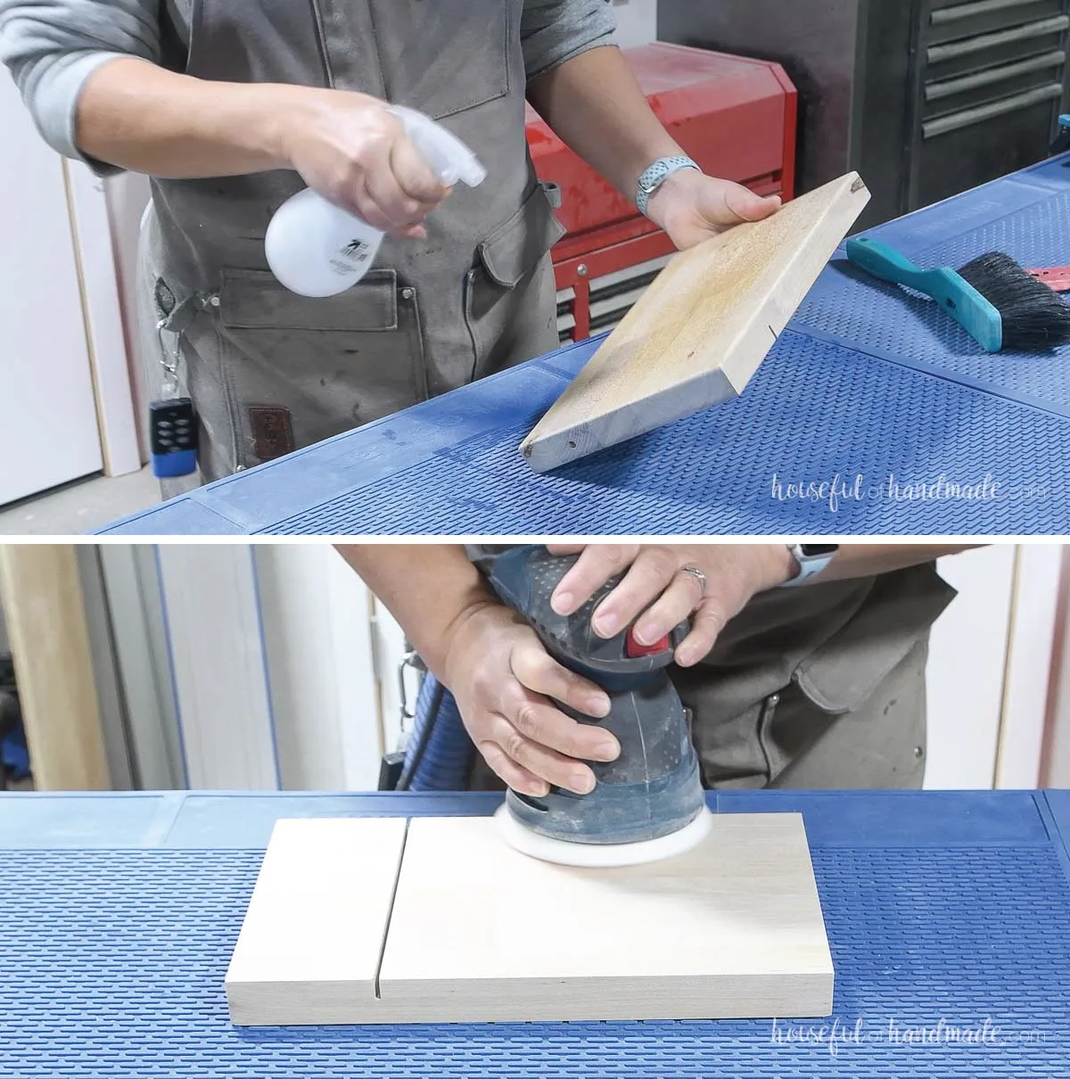 Sanding the scrap of butcher block.