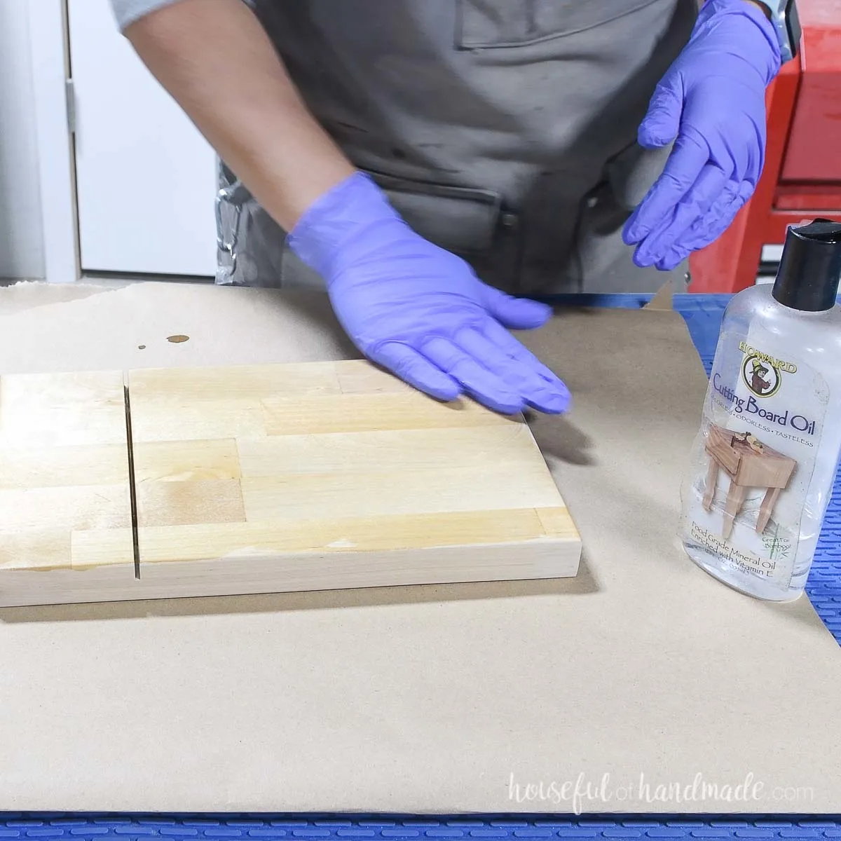 Sealing the butcher block with butcher block oil. 