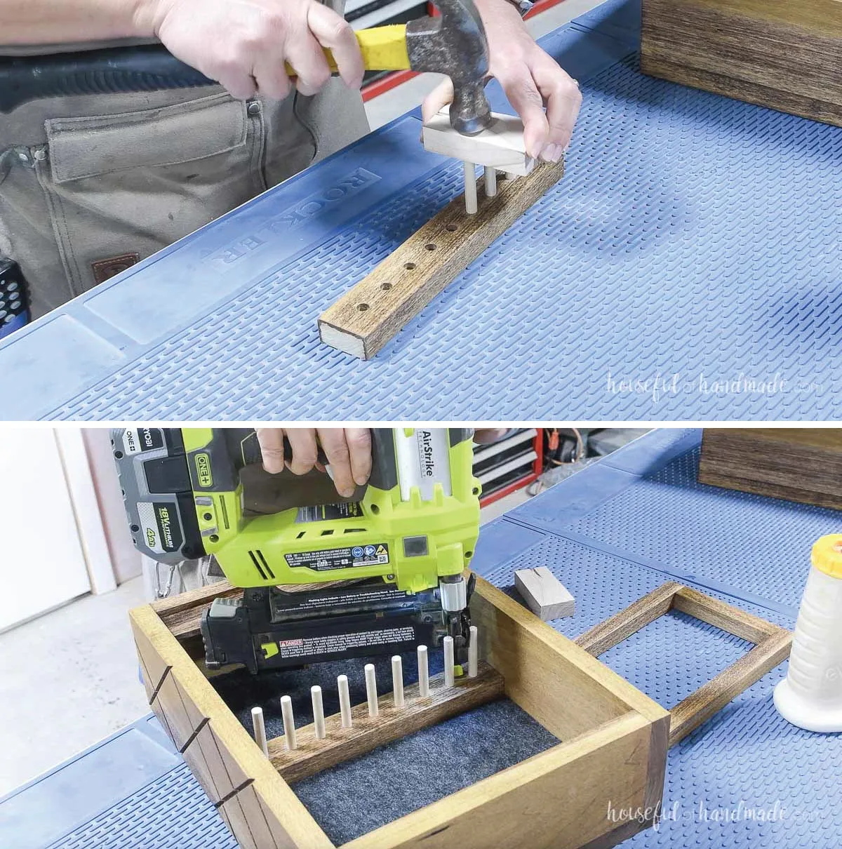 Hammering pegs into a 1x2 for bracelets and securing it inside the jewelry box with brad nails. 