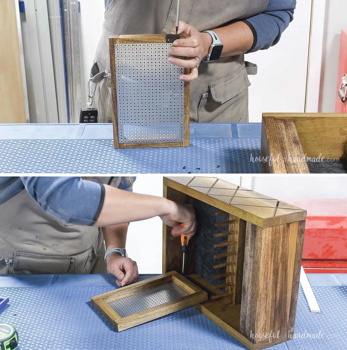 Installing the earring holder into the jewelry box with hinges. 