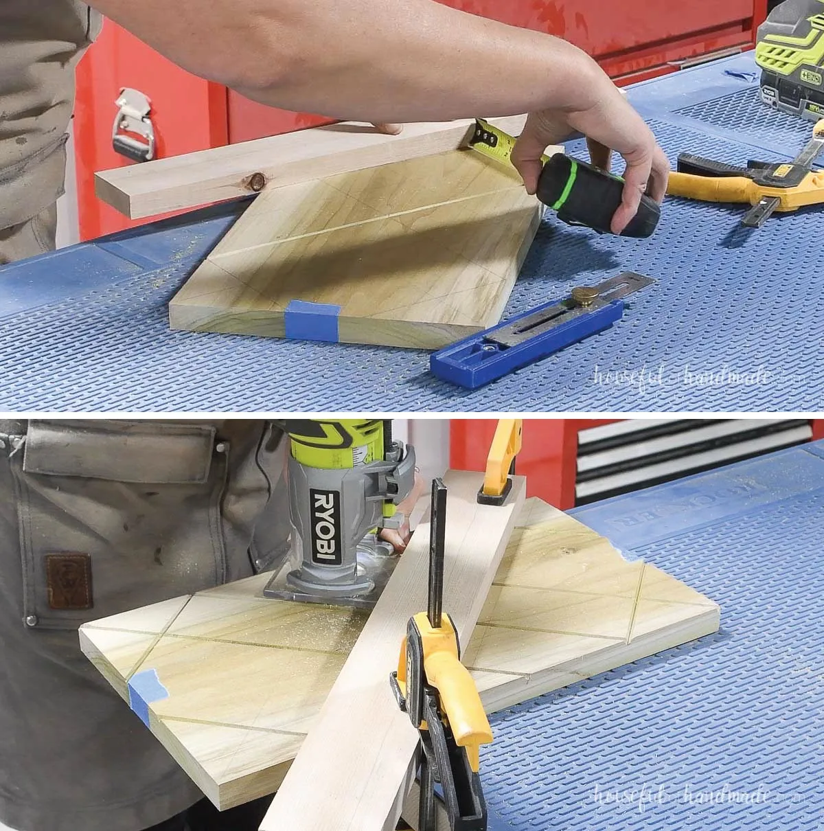 Carving a design into the boards with a trim router. 