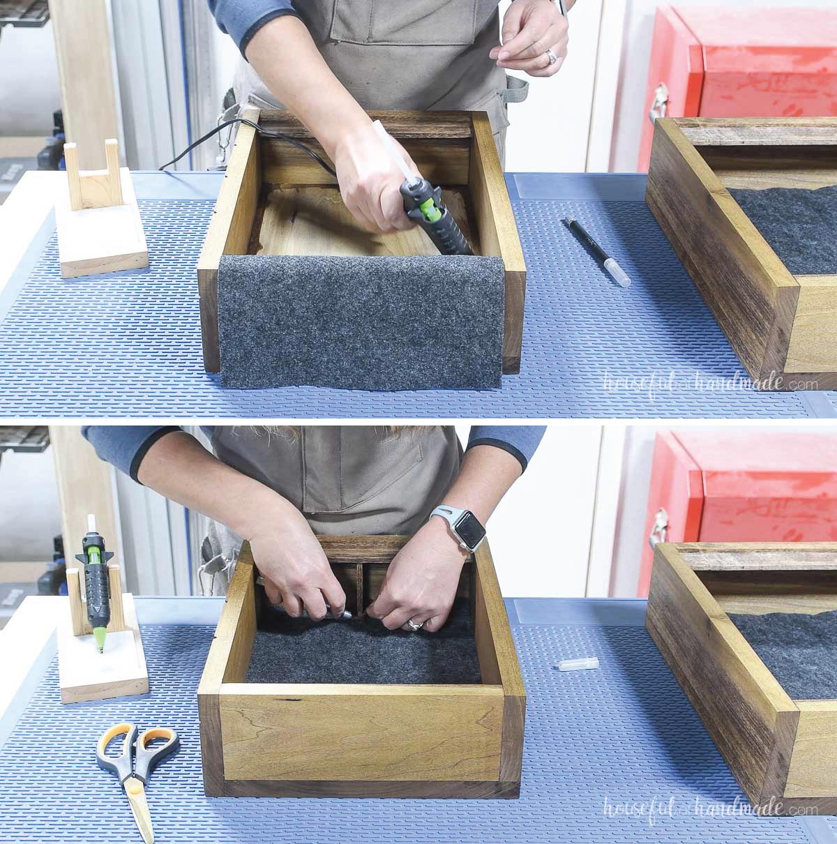 Glueing gray felt into the back of the jewelry box.