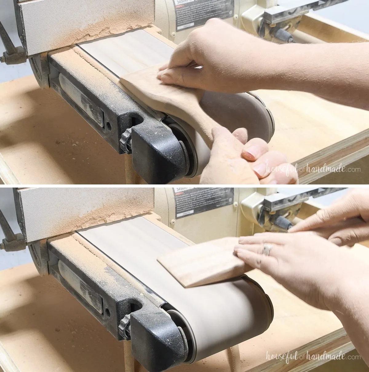 Sanding a maple wood spatula with a belt sander.