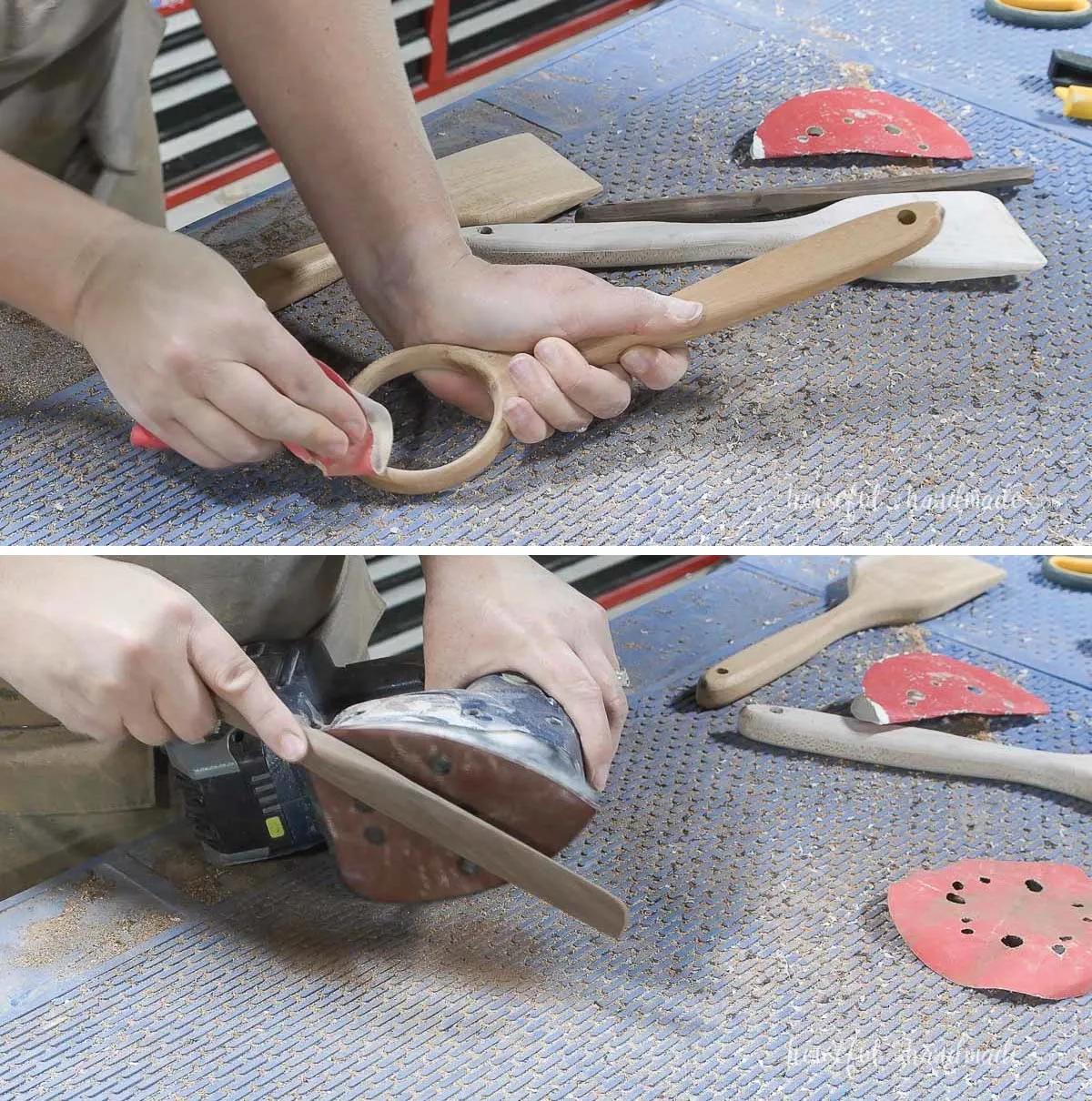 Hand sanding and using a corner sander for final shaping. 