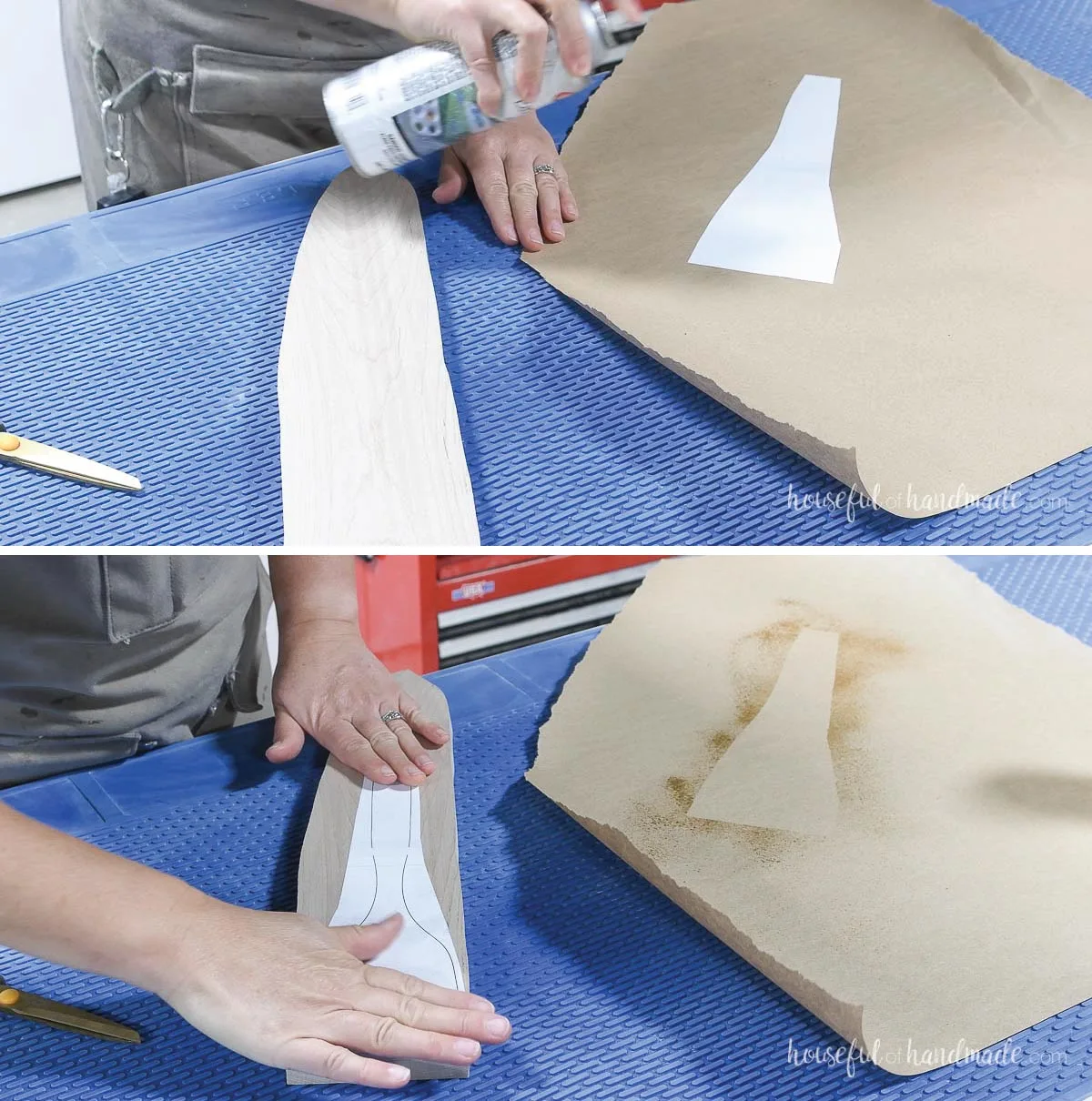 Using spray glut to attach a paper template to the front of the wood.