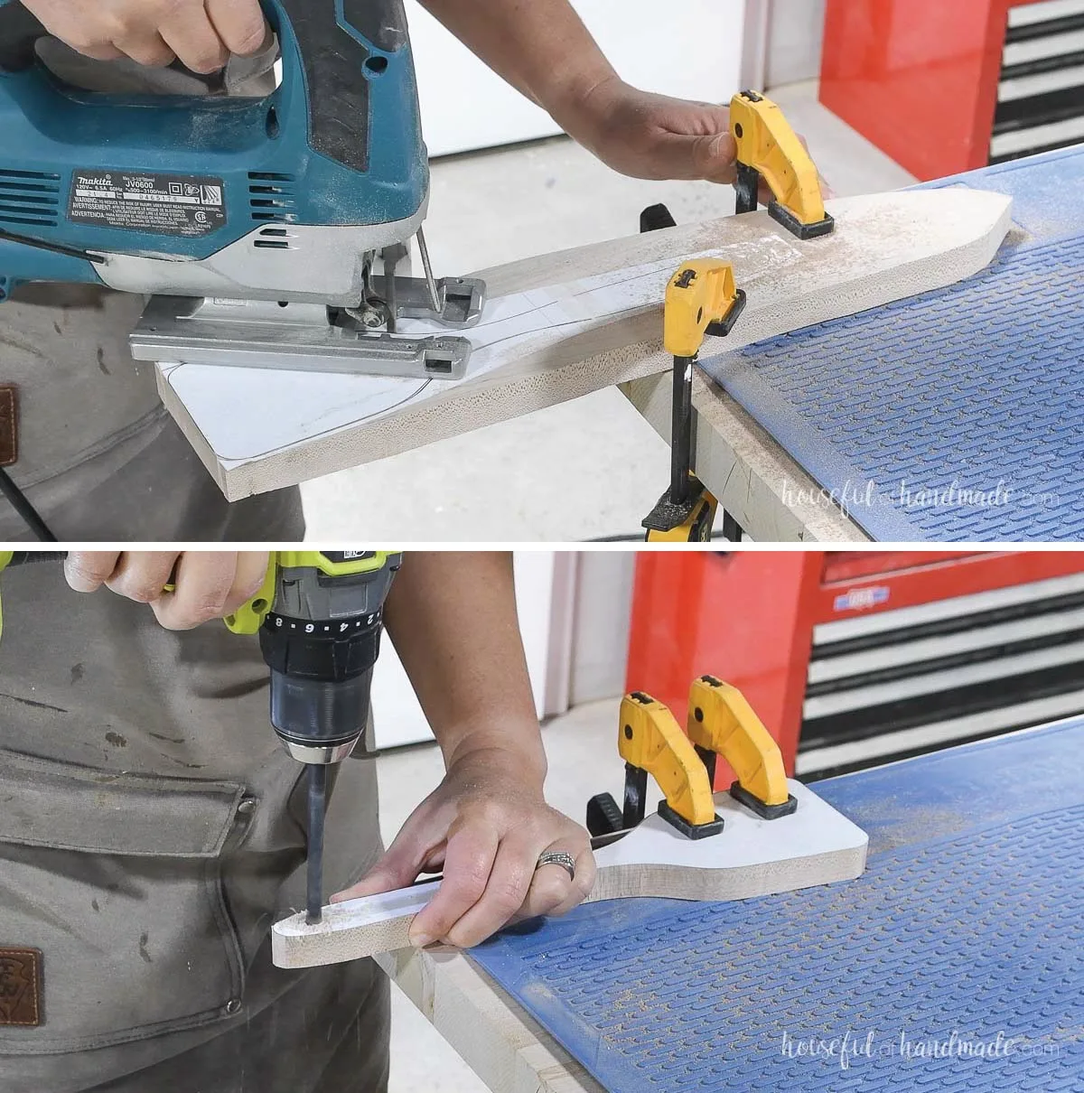 Cutting out the spatula template with a jig saw and drilling a hole in the handle with a drill. 