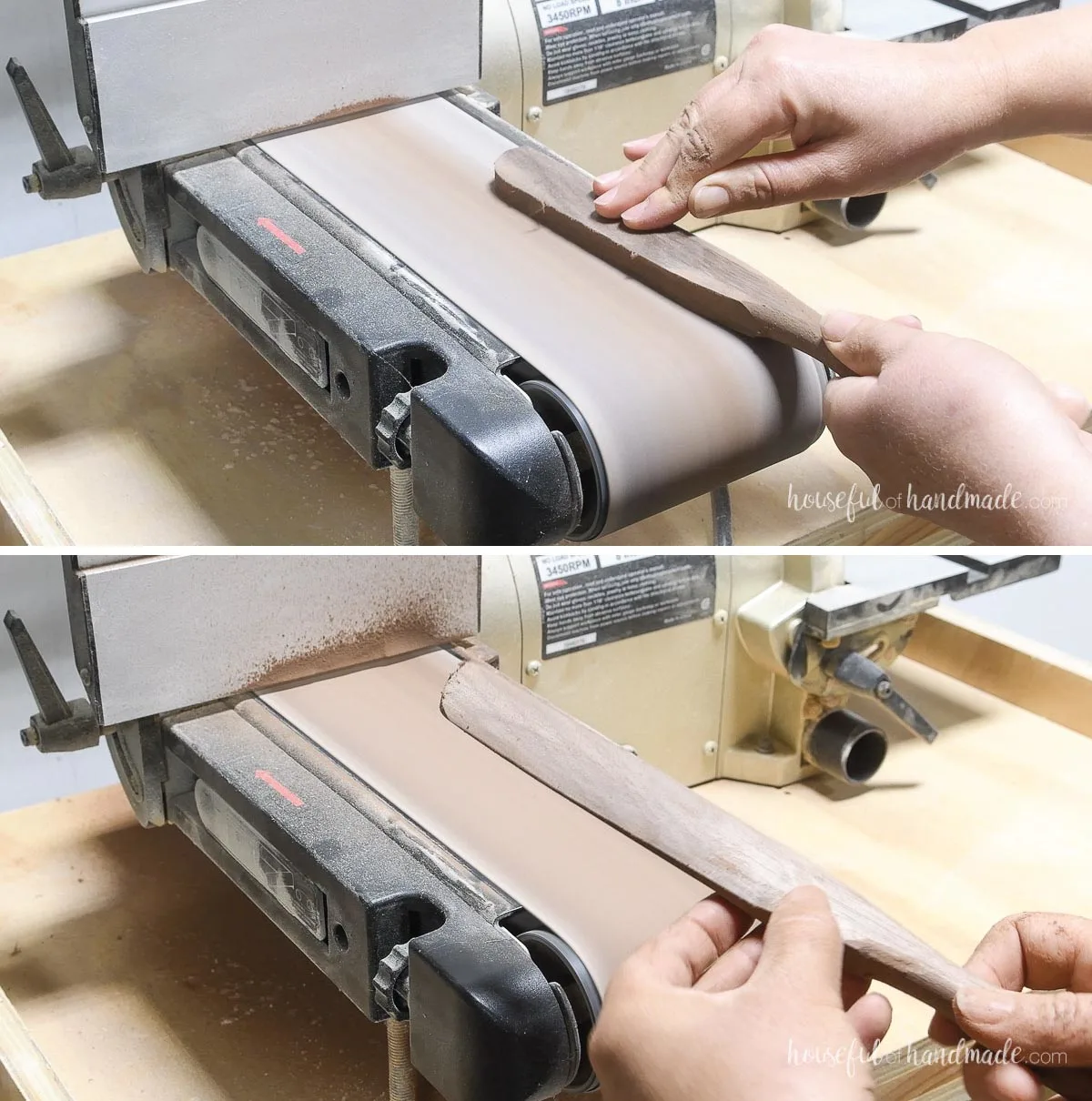 Sanding a walnut scraper with a belt sander. 