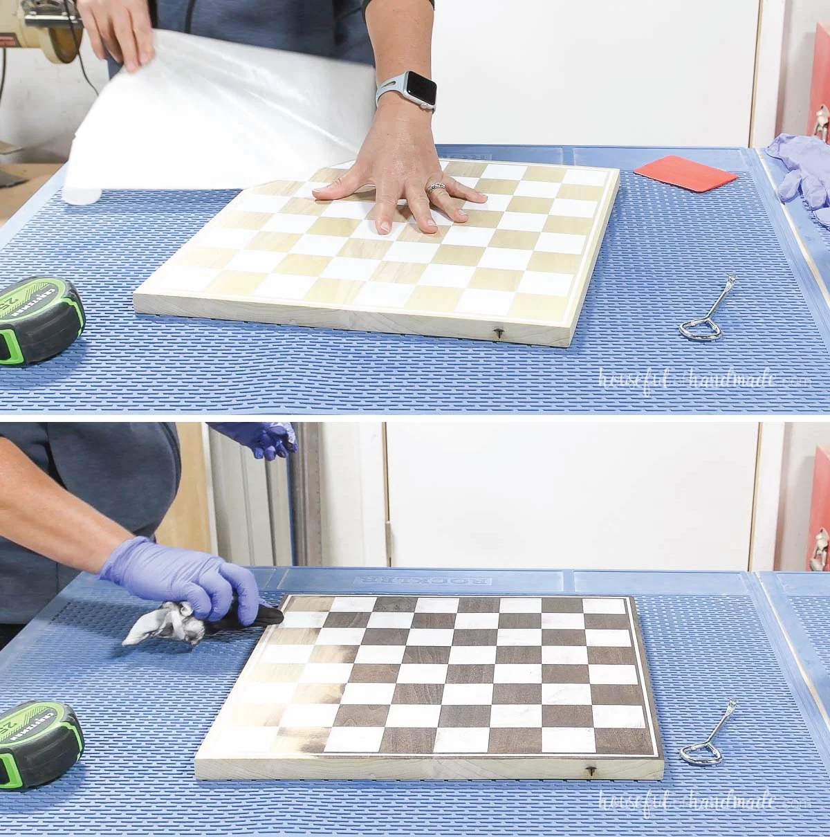 Staining a checkerboard on the other side of the game board. 