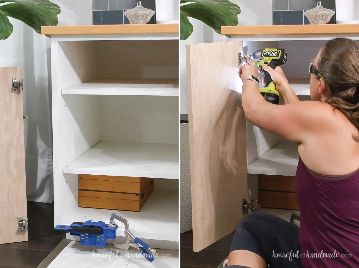 Attaching the hinges to the other side of the cabinet.